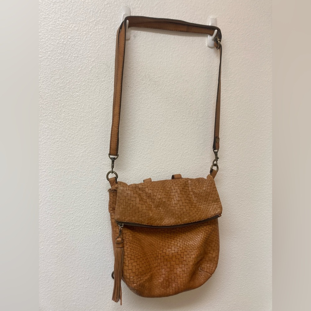 PATRICIA NASH Lyzille Pecan Cognac Woven Leather Crossbody Backpack Bag